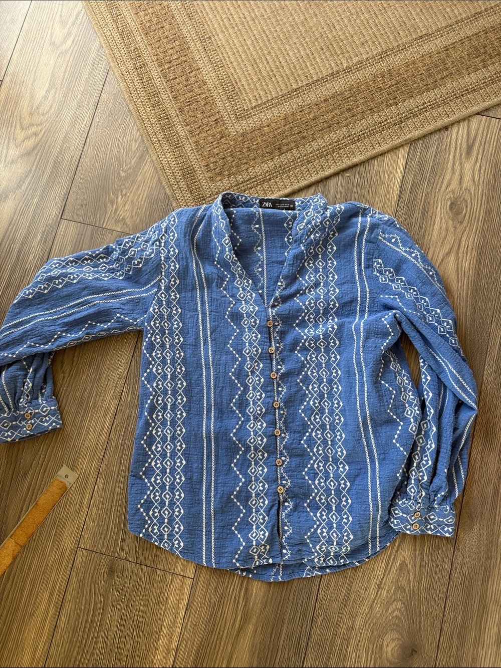 Zara Blue Embroidered Button-Down Shirt size small